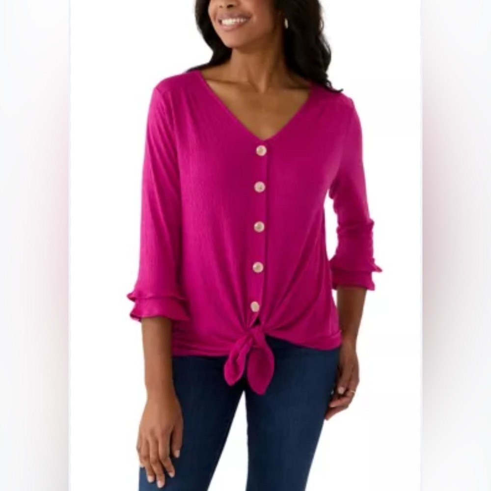 I.N. STUDIO Fuchsia 3/4 Sleeve Tie Hem Knit Blouse